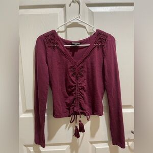 Shyanne Boho Western Crochet Lace Tassel Tie Top Burgundy Size S